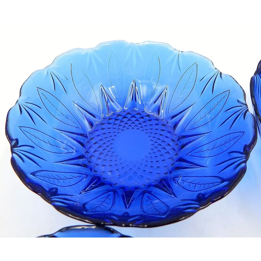 AVON Royal Sapphire Cereal Salad Bowls Cobalt Blue Leaf 6.5 Inch Glass Set of 4